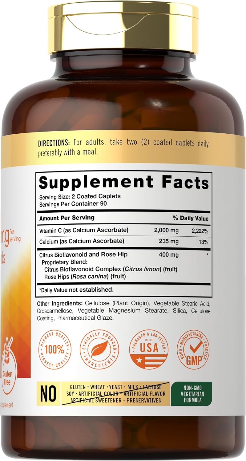 Carlyle Buffered Vitamin C | 2000mg | 180 Caplets | with Bioflavonoids and Rose Hips | Vegetarian, Non-GM, and Gluten-free Food Supplement - görsel 2