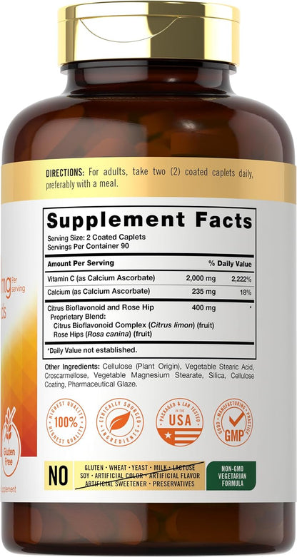 Carlyle Buffered Vitamin C | 2000mg | 180 Caplets | with Bioflavonoids and Rose Hips | Vegetarian, Non-GM, and Gluten-free Food Supplement