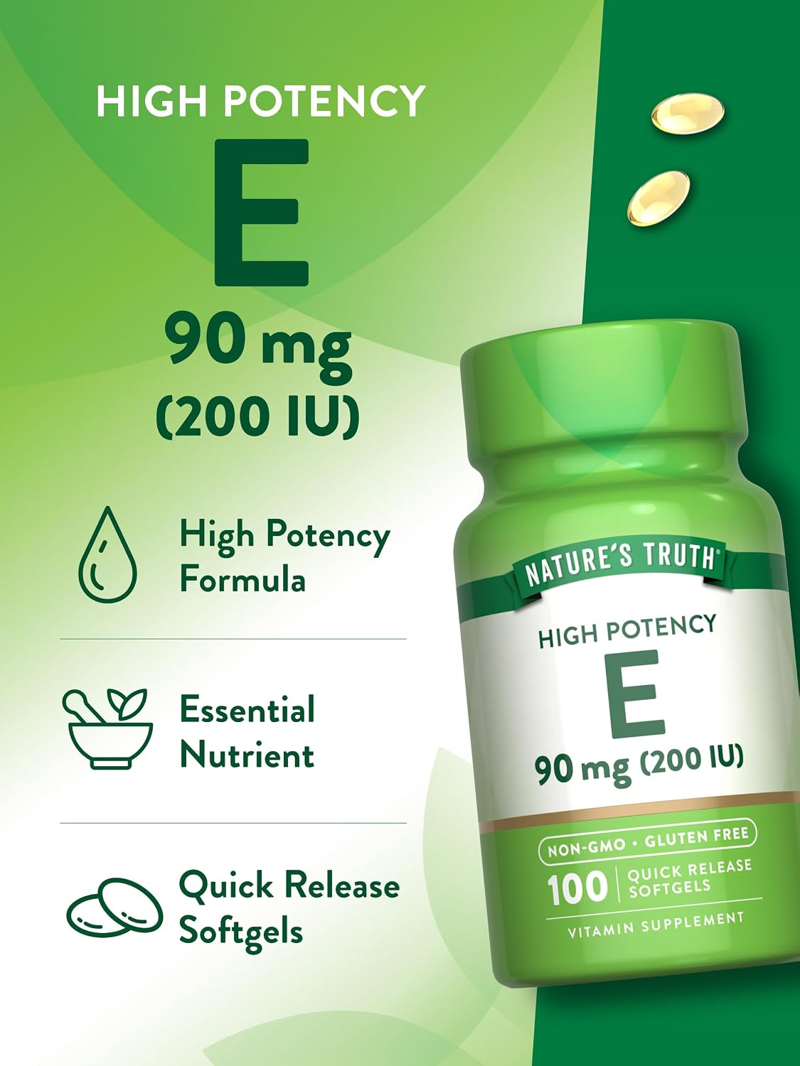 Nature's Truth Vitamin E 200 IU Softgels – Non-GMO & Gluten-free (100 Softgels) - görsel 5