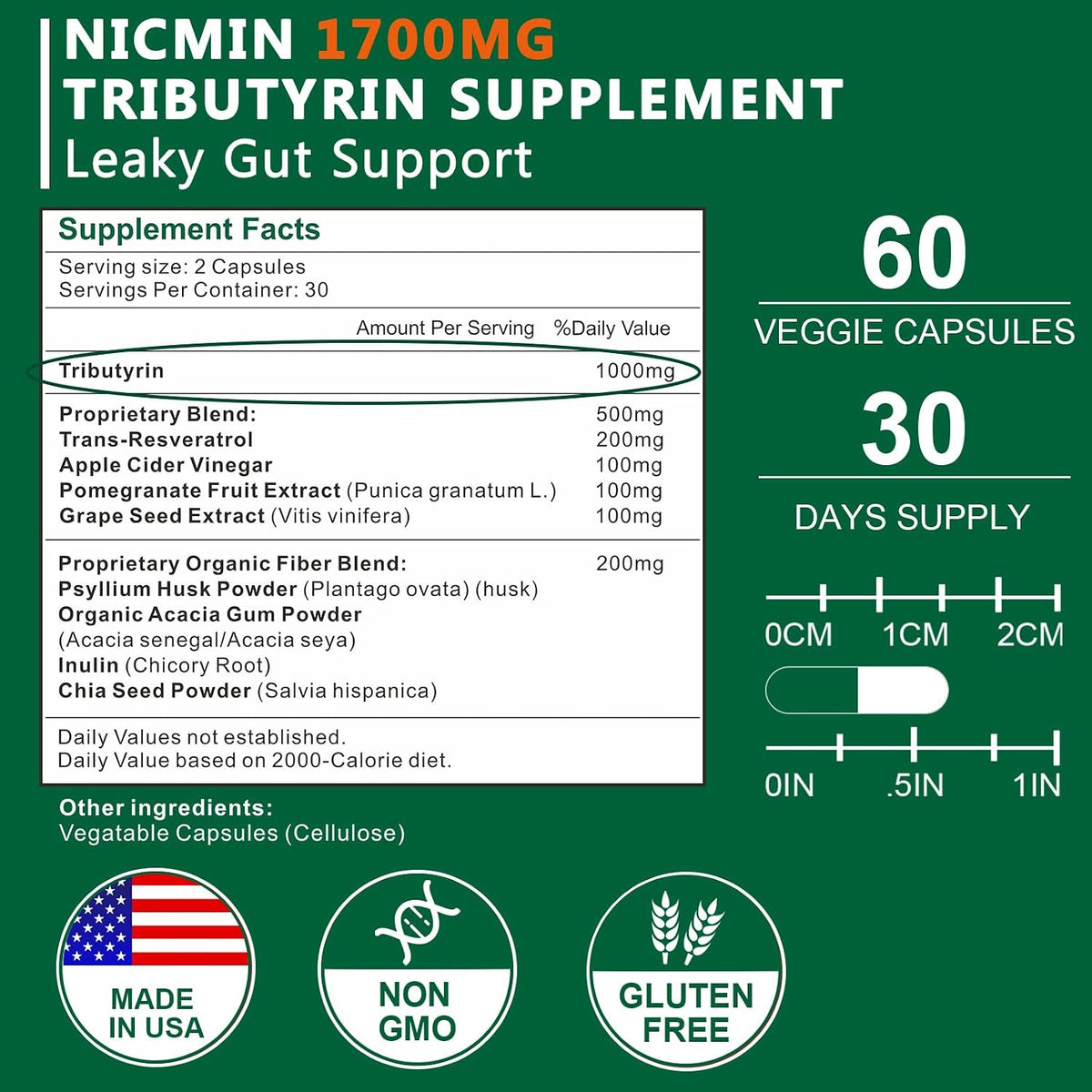 Tributyrin Supplement - Premium Butyrate Gut Health Supplement for Intestinal Support 60 Capsules - görsel 2