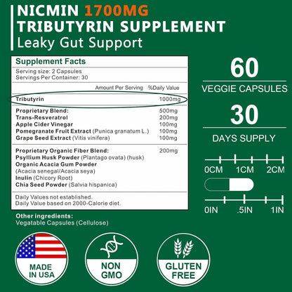 Tributyrin Supplement - Premium Butyrate Gut Health Supplement for Intestinal Support 60 Capsules
