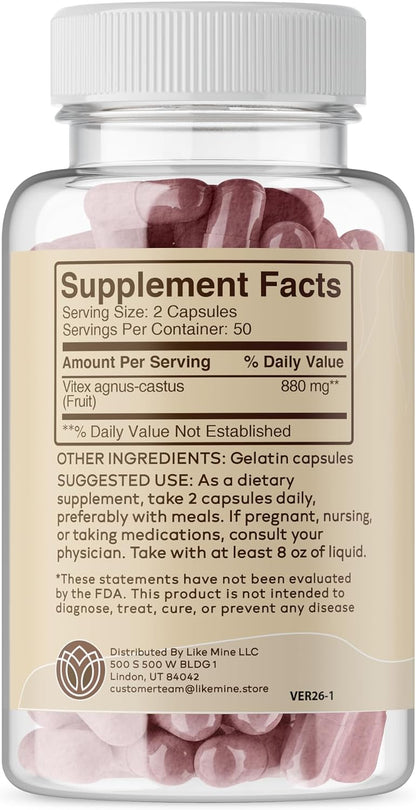 Like Mine Vitex (100 Capsules), Pure and Natural, No Additives or Fillers, Herbal Supplement