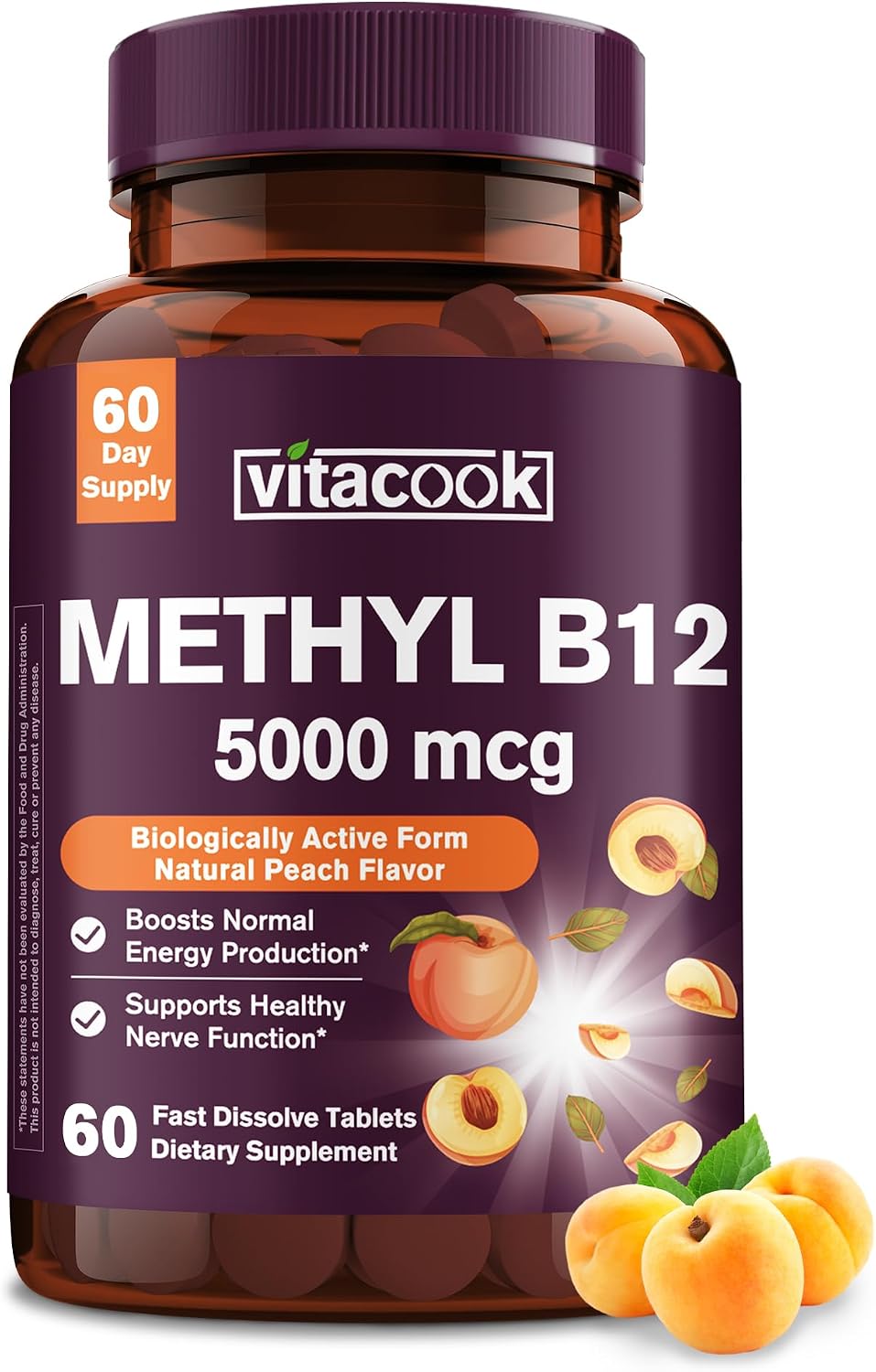 Vitacook Vitamin B12 5000mcg Methylcobalamin Sublingual Tablets - Natural Peach, Vegan, 240 Count - görsel 10