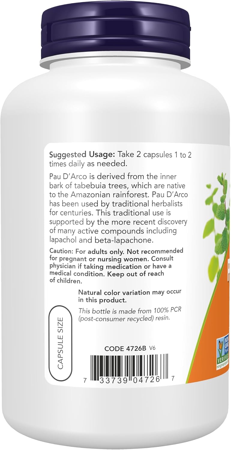 NOW Pau D'Arco 500 mg - Herbal Support, 250 Vegan Capsules - görsel 3