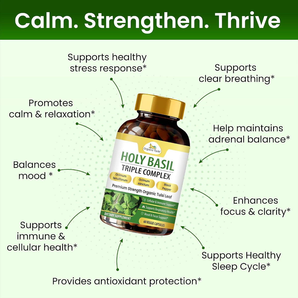 Organic Veda Holy Basil Capsules - Triple Complex Tulsi Leaf Supplement with Black Pepper Extract - Supports Respiratory & Immune Health, Helps Maintain a Balanced Stress Response & Mood - 60 Vegan Capsules - görsel 5