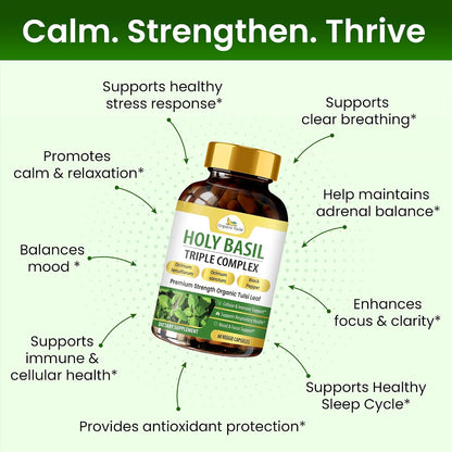 Organic Veda Holy Basil Capsules - Triple Complex Tulsi Leaf Supplement with Black Pepper Extract - Supports Respiratory & Immune Health, Helps Maintain a Balanced Stress Response & Mood - 60 Vegan Capsules