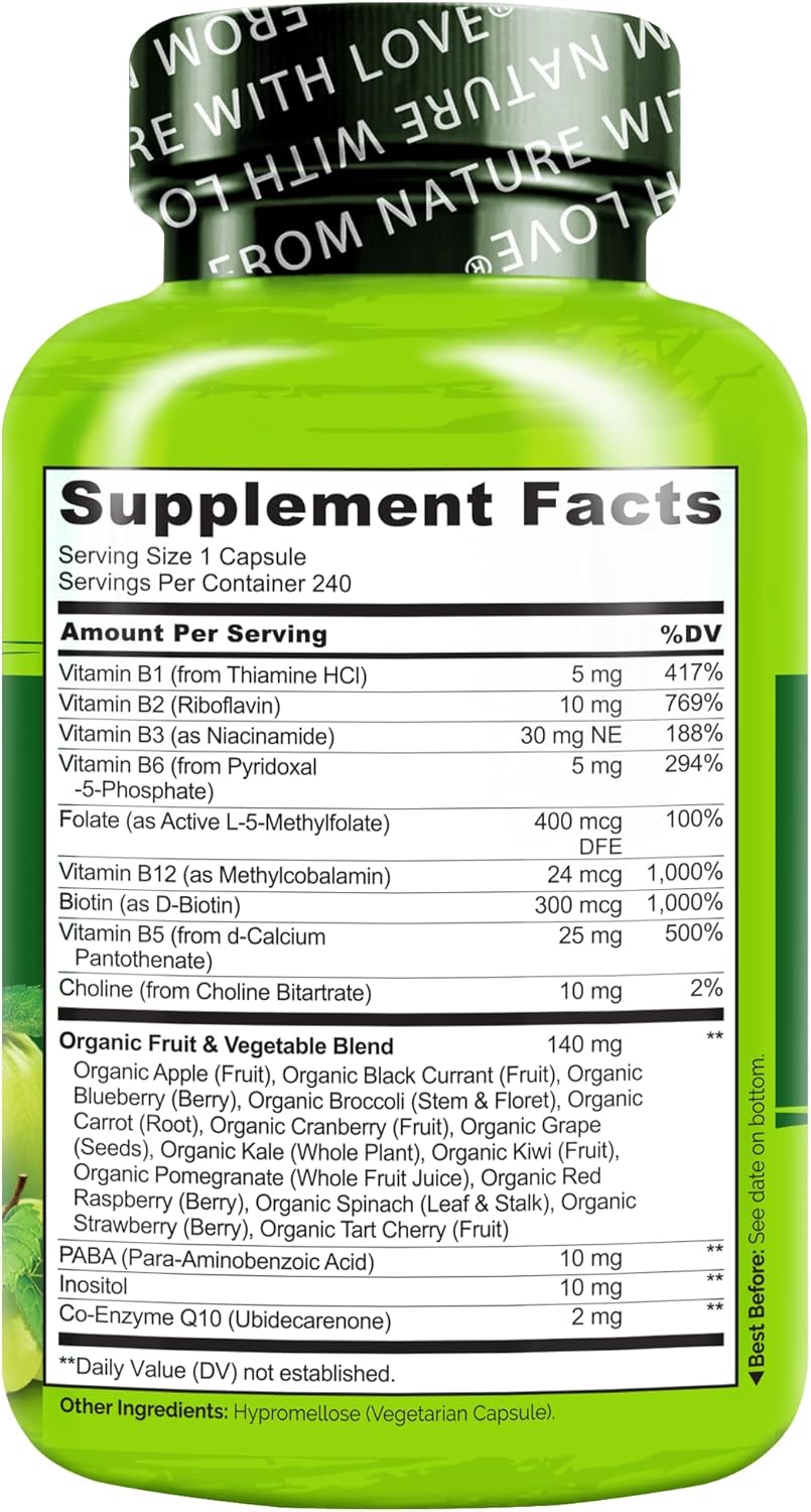 NATURELO Vitamin B Complex - Methylated with CoQ10, Folate & Biotin - Vegan, 240 Capsules - görsel 8