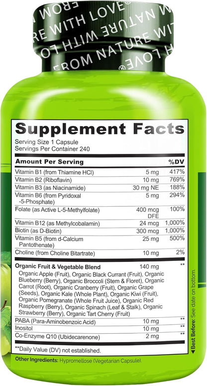 NATURELO Vitamin B Complex - Methylated with CoQ10, Folate & Biotin - Vegan, 240 Capsules