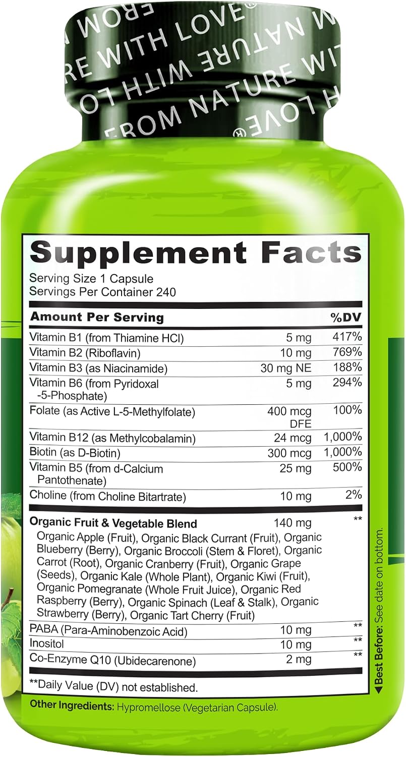 NATURELO Vitamin B Complex, 240 Capsules - Vegan, CoQ10, Methyl Folate, Biotin, Fruit & Veg Blend - for Energy and Stress Support - görsel 8