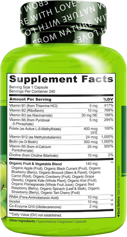 NATURELO Vitamin B Complex, 240 Capsules - Vegan, CoQ10, Methyl Folate, Biotin, Fruit & Veg Blend - for Energy and Stress Support