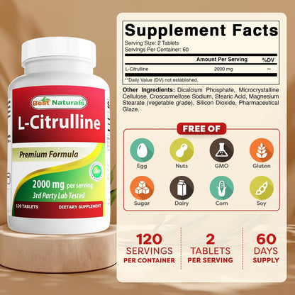 Best Naturals L-Citrulline 2000mg per Serving – Non-GMO & Gluten-free – 120 Tablets (Pack of 2)