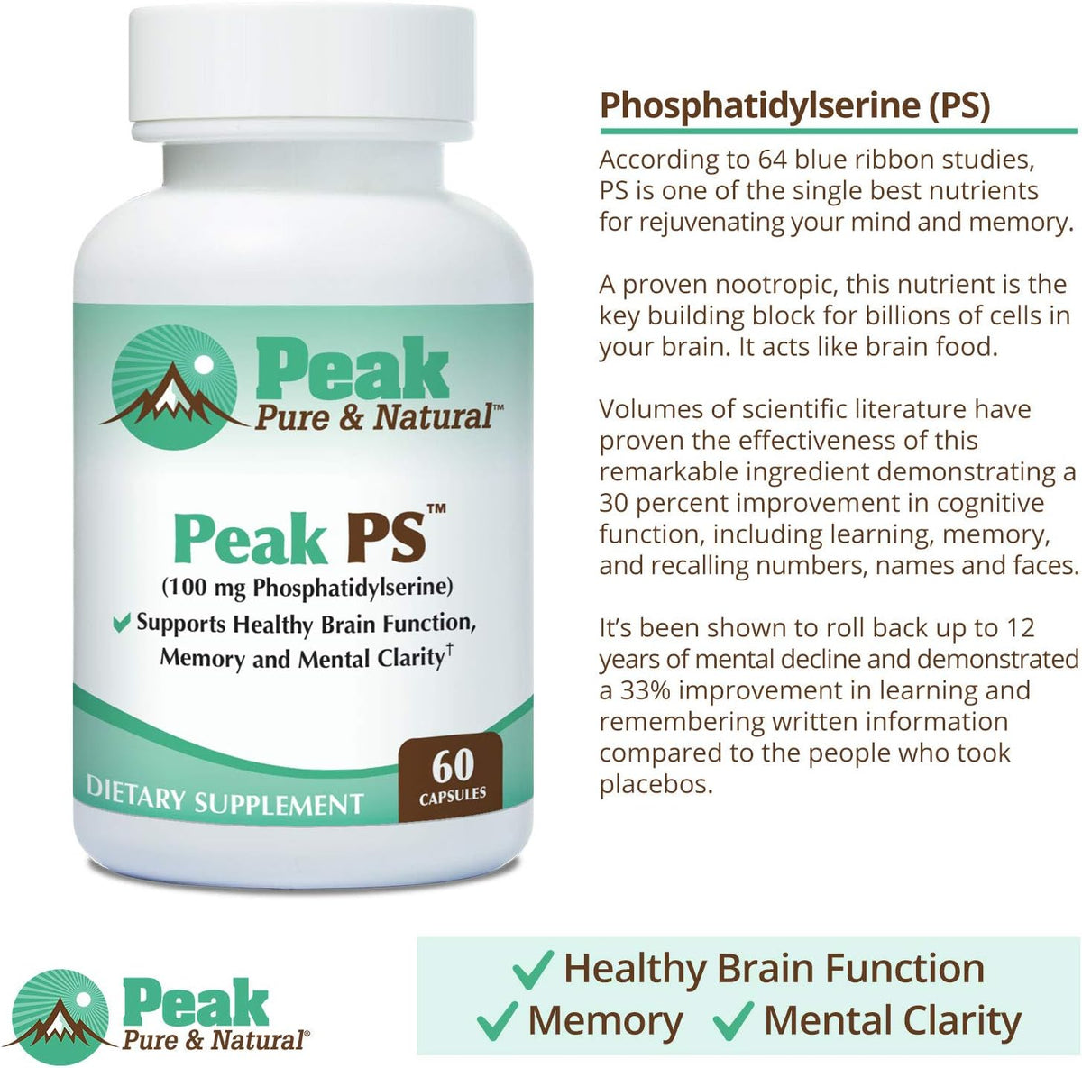 Peak Pure & Natural Peak PS Phosphatidylserine 100 mg Cognitive Support Supplement, 30 Softgels - görsel 4