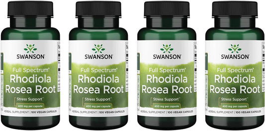 Swanson Rhodiola Rosea Root - Adaptogenic Herbal Food Supplement, 400 mg, 100 Capsules (4 Pack)