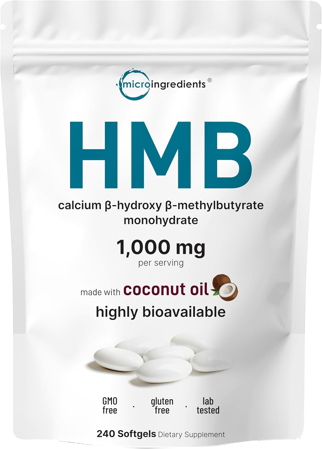 Micro Ingredients HMB 1,000mg - 240 Soft gel capsules with Coconut Oil - görsel 1