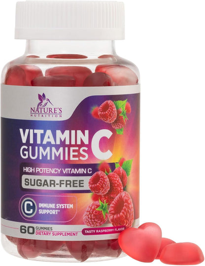 Zero Sugar Vitamin C Gummies – Immune Support & Antioxidant Supplement – Vegan, Non-GMO, Gluten-Free – Raspberry Flavour (60 Count)