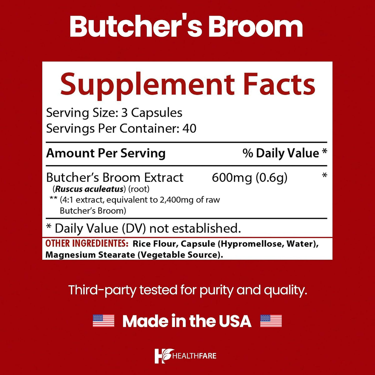 Healthfare Butcher's Broom 2400mg Herbal Food Supplement - 120 Vegetarian Capsules – Image 3