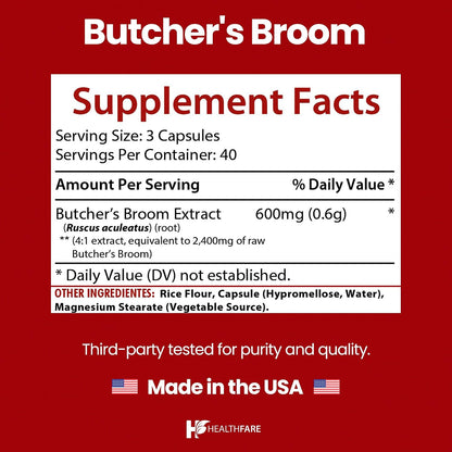Healthfare Butcher's Broom 2400mg Herbal Food Supplement - 120 Vegetarian Capsules – Image 3