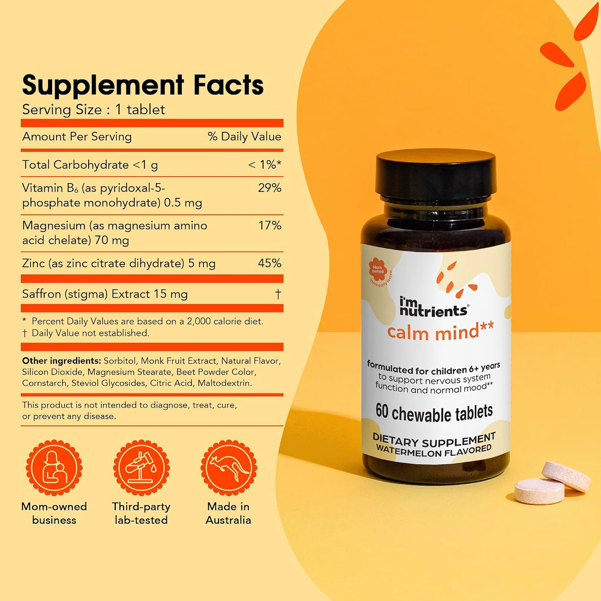 I'm Nutrients Calm Mind | Children's Saffron Supplement | Nervous System Support | 60 Chewable Tablets - görsel 2