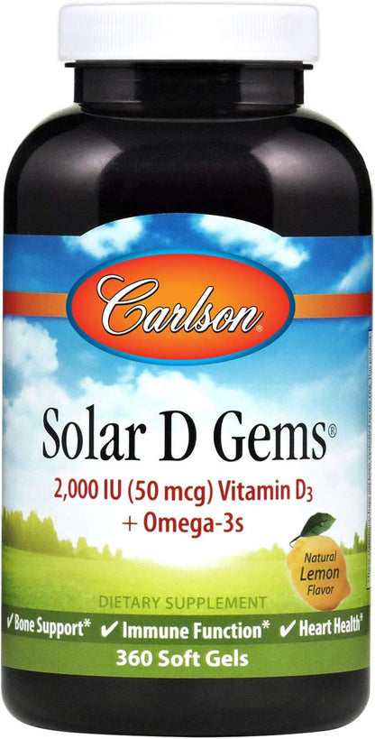 Carlson Solar D Gems - Vitamin D3 and Omega-3 Food Supplement, 2000 IU D3, 115 mg Omega-3s, Lemon Flavour, 360 Softgels