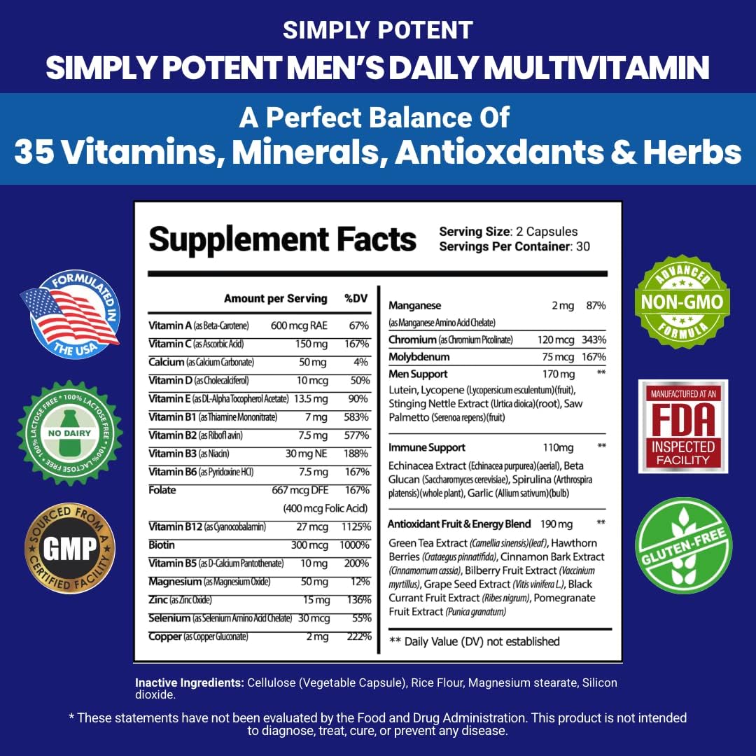 Simply Potent Daily Multivitamin for Men, 35 Vitamins with Minerals & Antioxidants, Vitamins A, C, D, E, Biotin, B12, Folate, Zinc, Magnesium & Saw Palmetto for Energy, Focus, Immune & Prostate Health, 60 Capsules - görsel 2