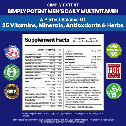 Simply Potent Daily Multivitamin for Men, 35 Vitamins with Minerals & Antioxidants, Vitamins A, C, D, E, Biotin, B12, Folate, Zinc, Magnesium & Saw Palmetto for Energy, Focus, Immune & Prostate Health, 60 Capsules
