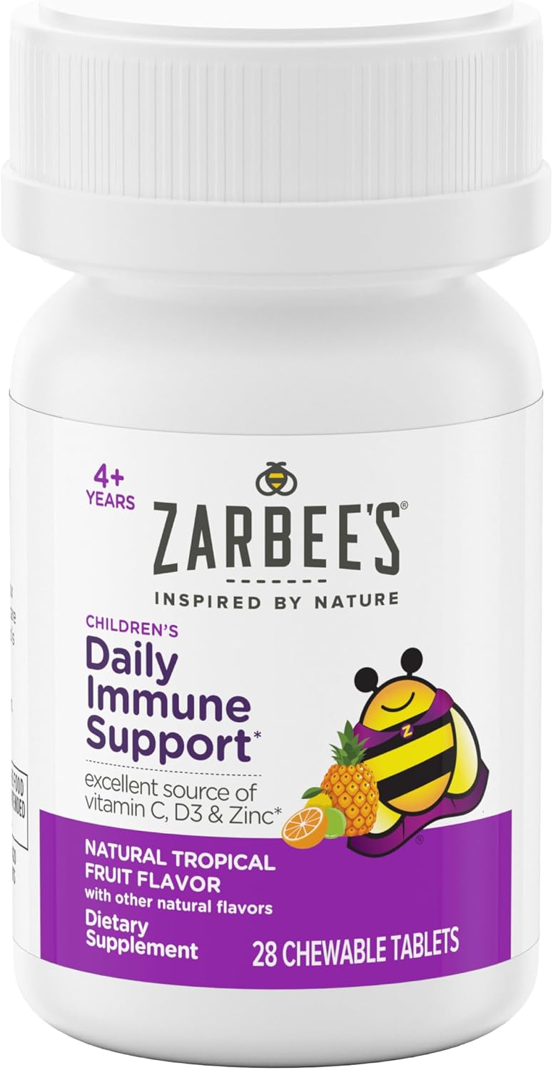 Zarbee's Kids Immune Support, Vitamin C, D & Zinc Daily Immunity Vitamins for Children 4+ Years, Natural Tropical Fruit Flavour, 28 Chewable Tablets - görsel 2