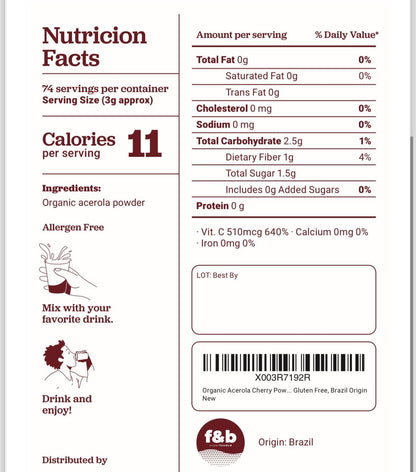 f&b superfoods Pure Organic Acerola Cherry Powder - Freeze Dried, 227g