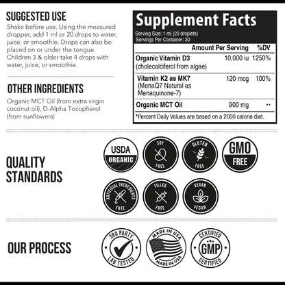 Organic Plant D3 K2 Vitamin - 10,000 IU D3 + 120 µg K2 (MK-7) Sublingual Drops