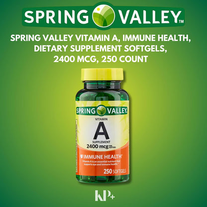 Spring Valley Vitamin A, Vitamin A Supplement, 2400 mcg, 250 Soft gel capsules