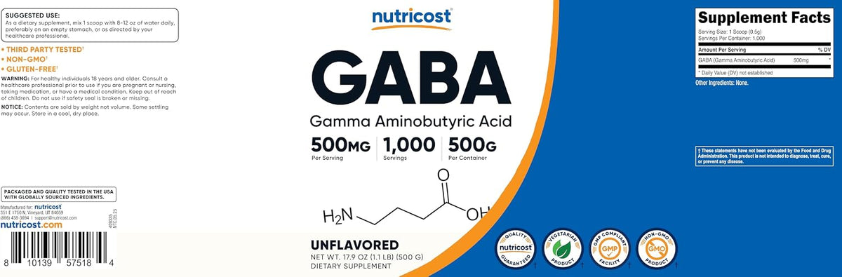 Nutricost Pure GABA 500g Powder (Gamma Aminobutyric Acid) - görsel 6