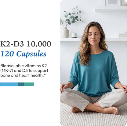 XYMOGEN K2-D3 10000 - Vitamin D3 and K2 Supplement for Bone, Immune & Cardiovascular Health – Non-GMO, Gluten-Free, Vegetarian – 120 Capsules