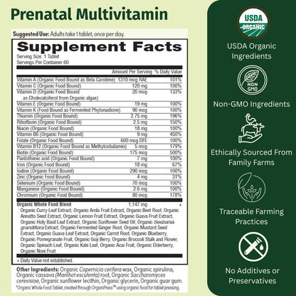 EarthFirst Organic Prenatal Once Daily Multivitamin for Conception, Pregnancy, Postpartum & Breastfeeding, Folate, Iron & Organic Whole Food Blend, Vegan, 60 Tablets