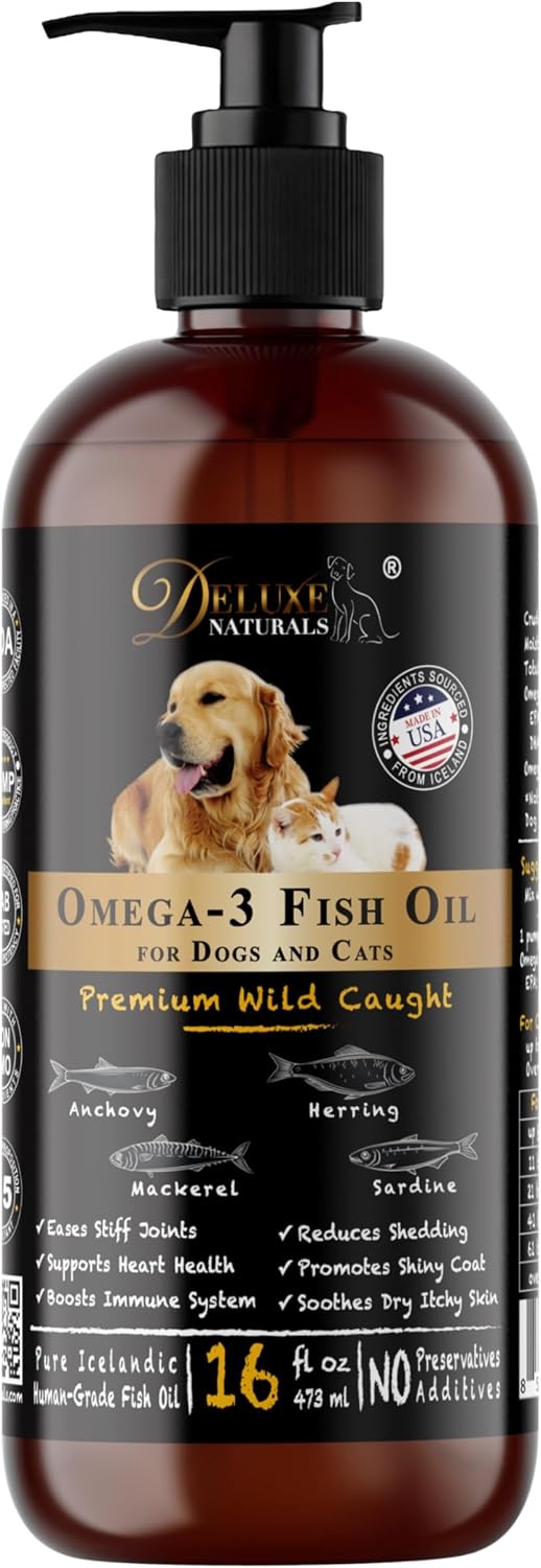 Deluxe Naturals Rich Omega-3 Fish Oil for Dogs & Cats - Wild-Caught EPA DHA Supplement, 473 ml - görsel 1