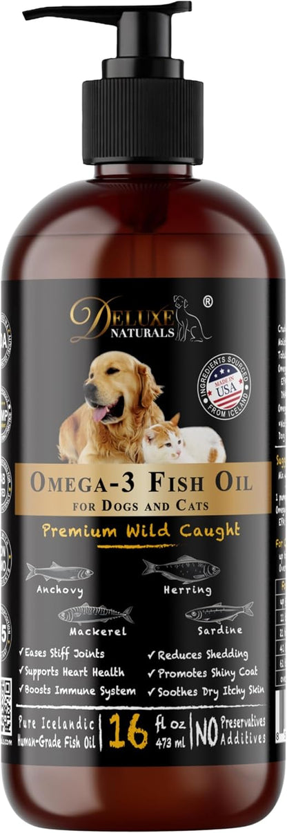 Deluxe Naturals Rich Omega-3 Fish Oil for Dogs & Cats - Wild-Caught EPA DHA Supplement, 473 ml