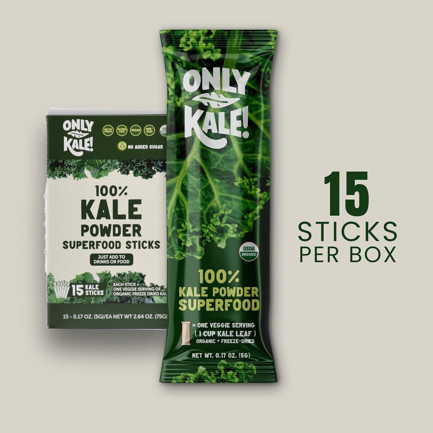 OnlyKale™ Kale Powder – 1 Month Supply (15 Sticks) – Organic Green Superfood – USDA Organic, Clean Greens for Smoothies & Juices, Single-Serving Sticks - görsel 4
