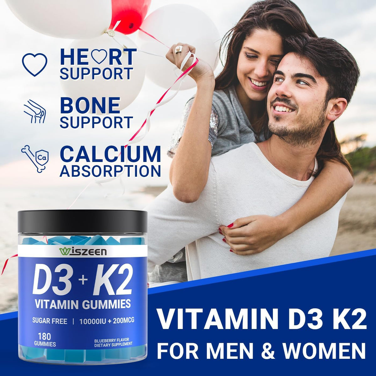 Sugar-Free Vitamin D3 K2 Gummies, 10000 IU Vitamin D3 & 200 mcg Vitamin K2 (MK-7) with Calcium, Magnesium, B12 - Vegan, Non-GMO - görsel 2