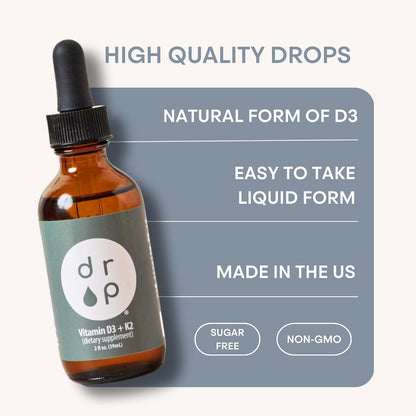 Drop Vitamin D3 + K2 Liquid Drops - 1000 IU Vegan D3 from Lichen, 45 mcg K2 (MK-4 & MK-7) with Organic MCT Oil, 59 ml