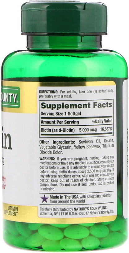 Nature's Bounty Biotin 5000 mcg Softgels, 2-Pack (150 Softgels per Bottle, 300 Total)