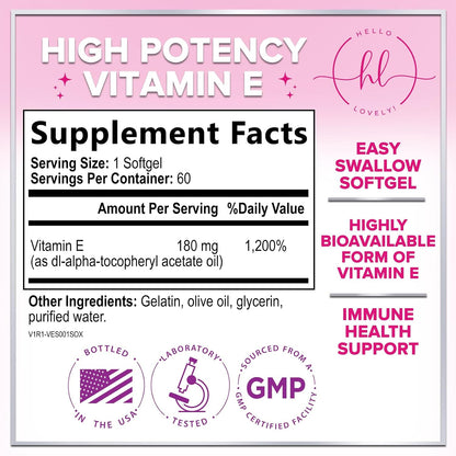 Vitamin E 180 mg - dl-Alpha Tocopherol Soft gel capsules for Hair, Skin and Immune Support - 60 Soft gel capsules