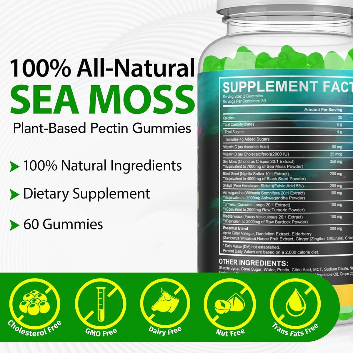 Sea Moss Gummies, Sea Moss, Bladderwrack, Ashwagandha, Burdock Root, Energy, Immune Support, 60 Vegan Gummies - görsel 5