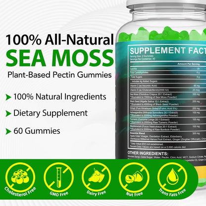 Sea Moss Gummies, Sea Moss, Bladderwrack, Ashwagandha, Burdock Root, Energy, Immune Support, 60 Vegan Gummies