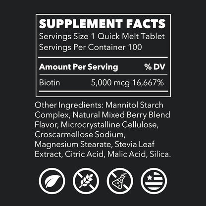 LifeSeasons Essentials Biotin 5,000 mcg Quick Melts – Hair, Skin & Nails Support – Mixed Berry – 100 Count