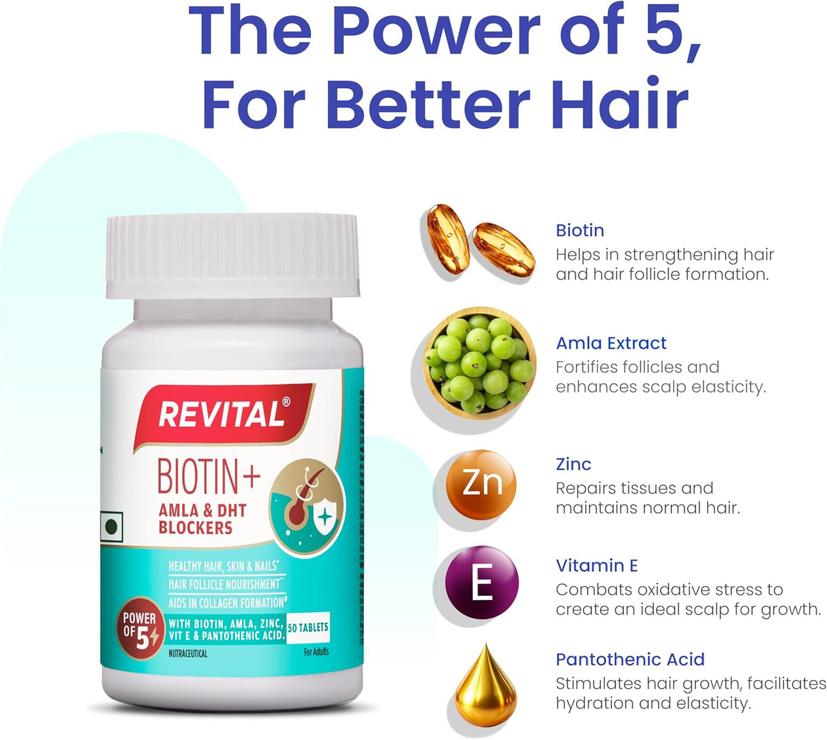 Revital Biotin+ with Amla and DHT Blockers for Hair Health | Biotin, Amla, Zinc, Vitamin E & Pantothenic Acid | Supports Normal Hair and Skin Health | 50 Tablets - görsel 5