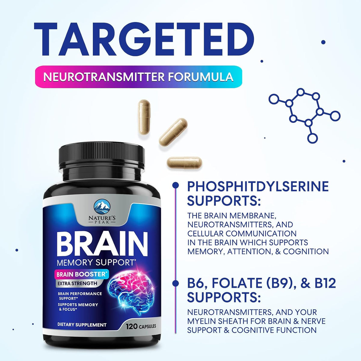 Nature's Peak Brain Memory Supplement - 3X Strength Nootropics for Concentration, Clarity & Focus Support - 120 Capsules - görsel 6