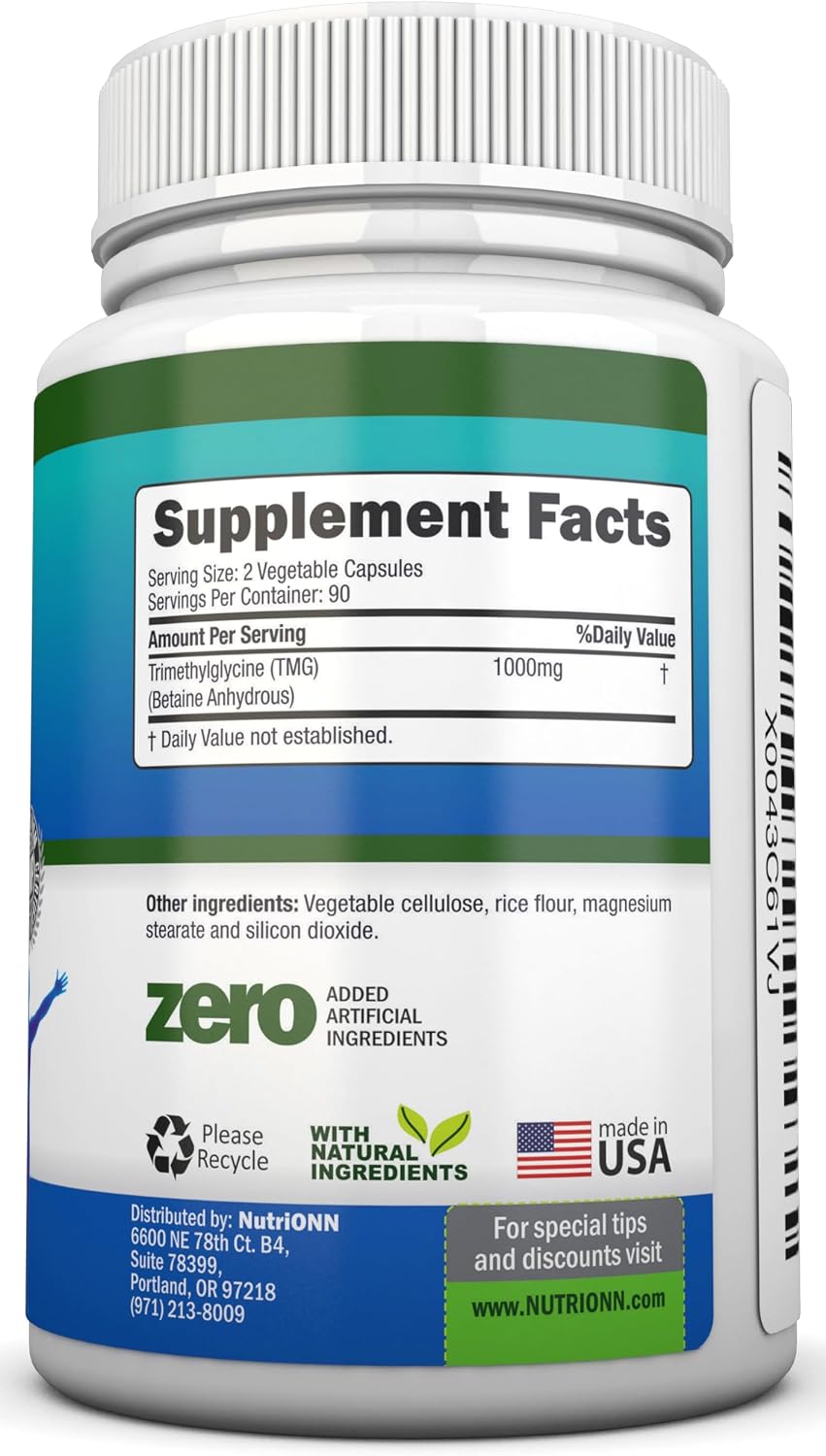 TMG Trimethylglycine Supplement - 1000mg - 180 Capsules - Pure Betaine Anhydrous - Non-GMO - görsel 2
