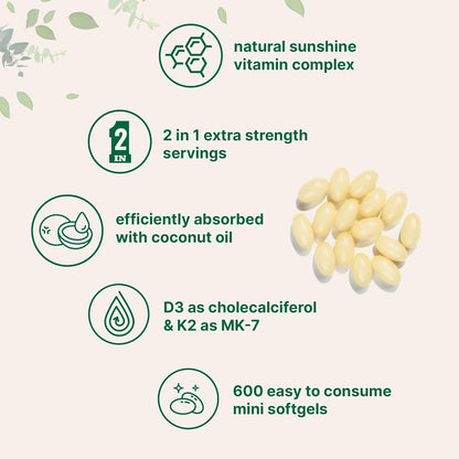 Micro Ingredients Vitamin D3 10,000 IU + K2 MK-7 200 mcg, 600 Soft gel capsules with Virgin Coconut Oil (Pack of 2)