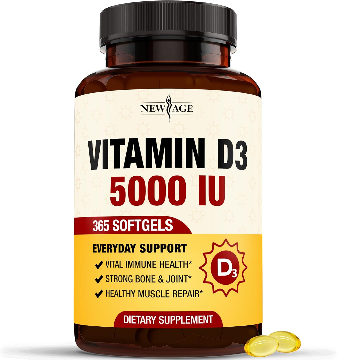 NEW AGE Vitamin D3 5000 IU 125mcg Soft gel capsules - Immune Support and Bone Health, Non-GMO, Gluten-free, 1 Year's Supply (360 Soft gel capsules) - görsel 1