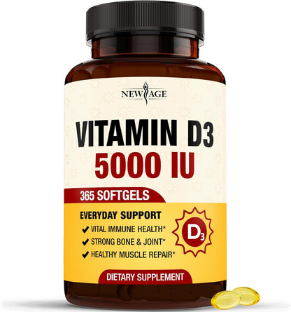 NEW AGE Vitamin D3 5000 IU 125mcg Soft gel capsules - Immune Support and Bone Health, Non-GMO, Gluten-free, 1 Year's Supply (360 Soft gel capsules)