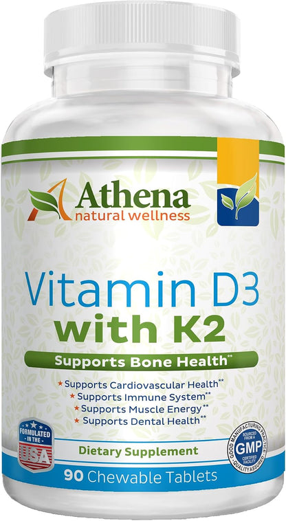 Athena Vitamin D3 2000IU with K2 (MK-7) - 90 Chewable Tablets