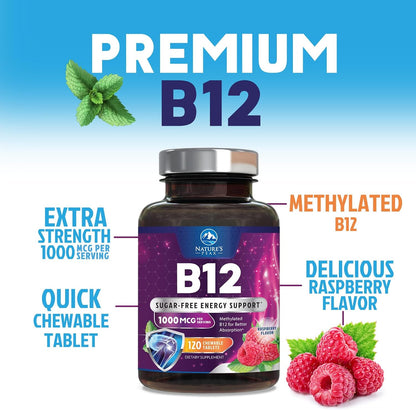 Vitamin B12 Complex (Methylcobalamin) 1000 mcg - Triple Strength B12 Supplement for Energy & Nervous System Support - Vegan, Sugar-Free, Berry Flavour - 120 Chewable Tablets